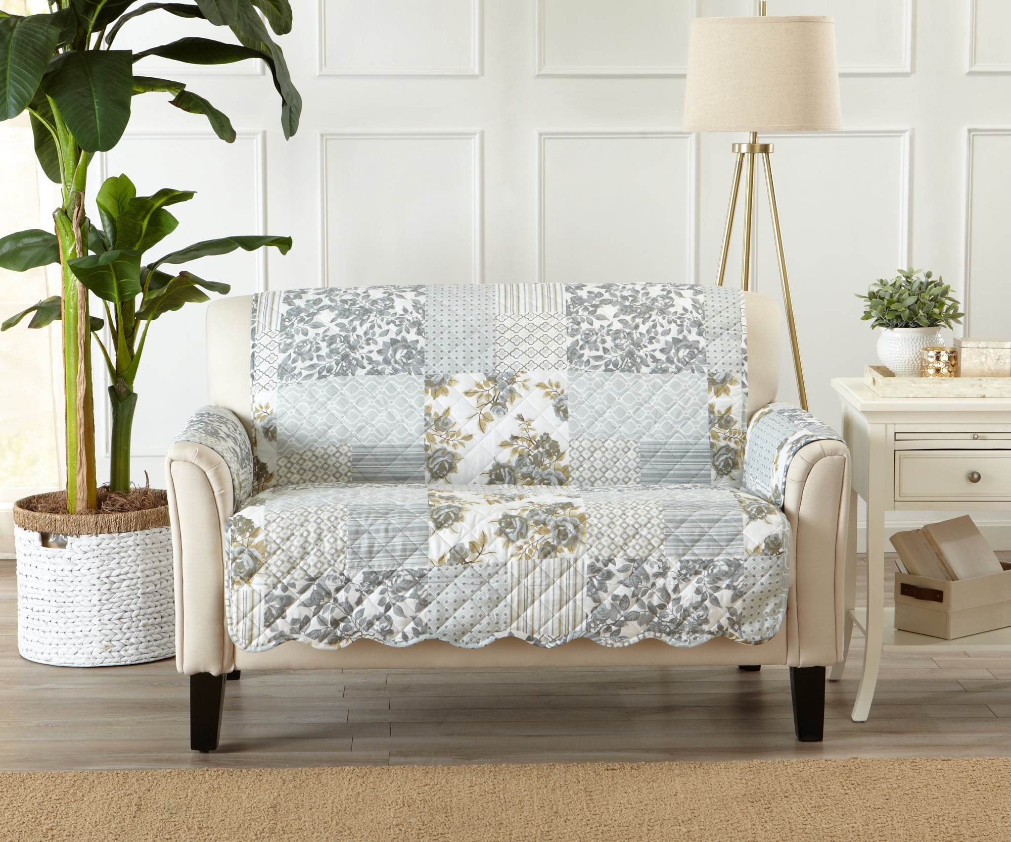 Grey Patchwork Quilted Microfiber Loveseat Furniture Protector