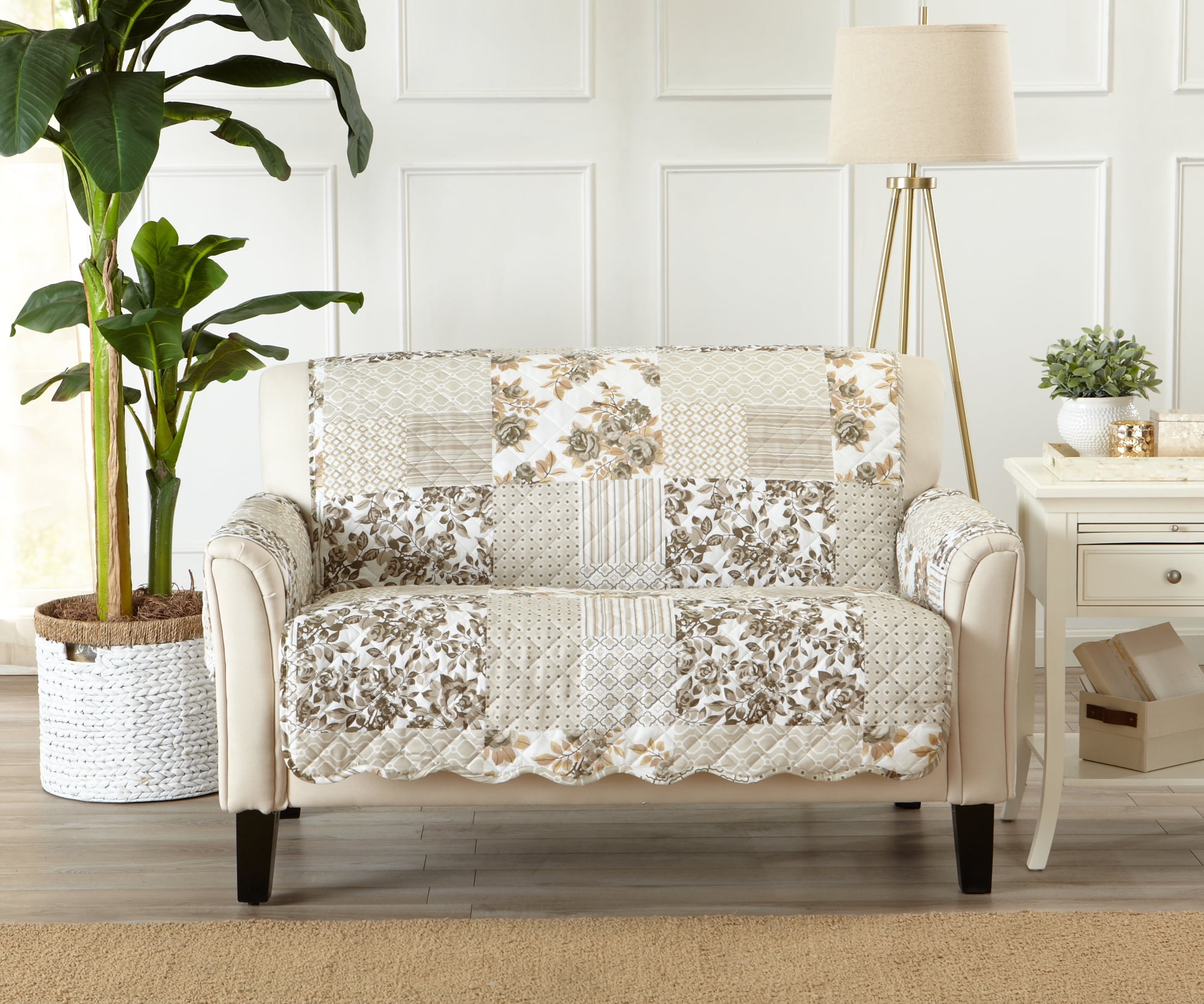 Langdon Luxe Patchwork Taupe Loveseat Slipcover with Scalloped Edges