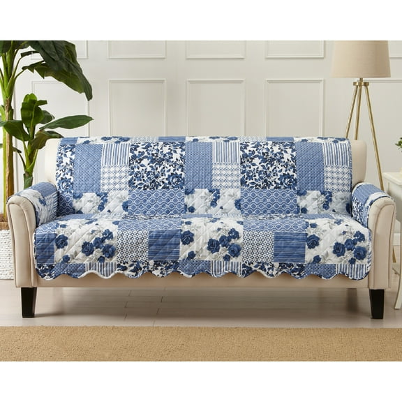 Great Bay Home Patchwork Scalloped Reversible Washable Pet Furniture Protector (74" Sofa, Navy)