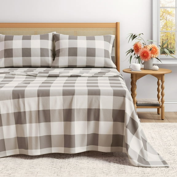 Great Bay Home Printed Flannel Sheet Set - 100% Turkish Cotton - Double Brushed - King, Buffalo Check - Grey