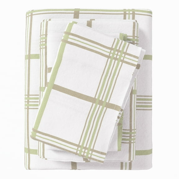 Great Bay Home Printed Flannel Sheet Set - 100% Turkish Cotton - Double Brushed - King, Windowpane - Olive