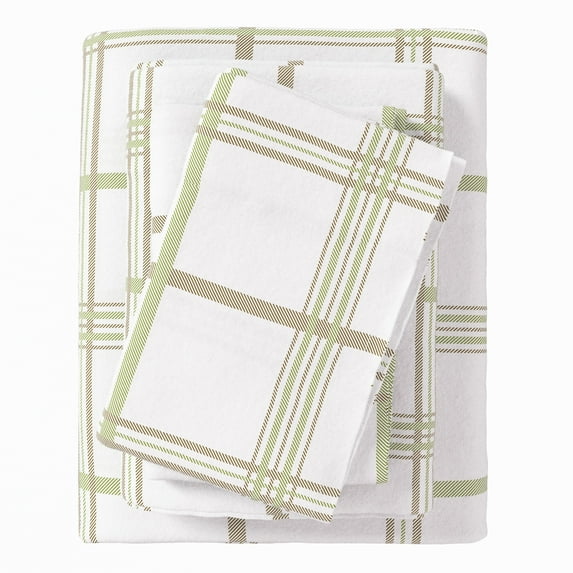 Great Bay Home Printed Flannel Sheet Set - 100% Turkish Cotton - Double Brushed - Queen, Windowpane - Olive