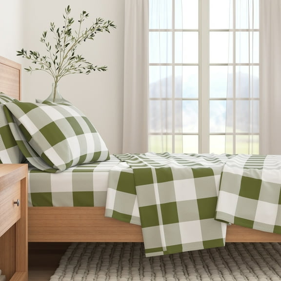 Great Bay Home Printed Flannel Sheet Set - 100% Turkish Cotton - Double Brushed - Twin, Buffalo Check - Green