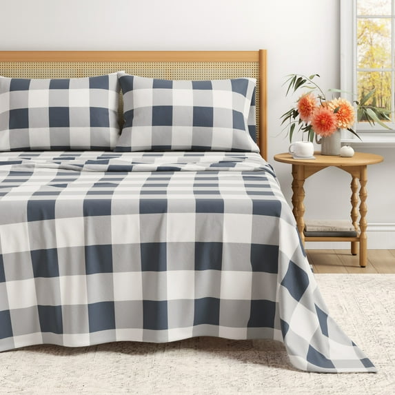 Great Bay Home Printed Flannel Sheet Set - 100% Turkish Cotton - Double Brushed - Twin, Buffalo Check - Navy