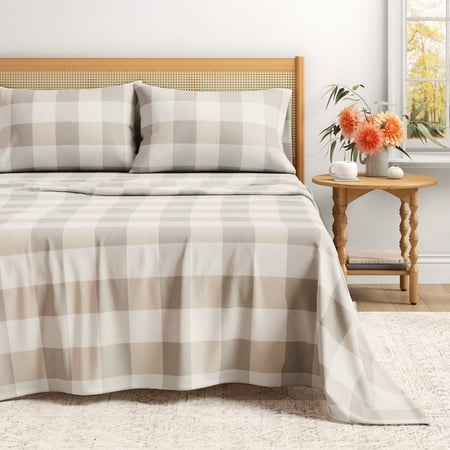 Great Bay Home Printed Flannel Sheet Set - 100% Turkish Cotton - Double Brushed - Twin, Buffalo Check - Soft Taupe / Pale Grey