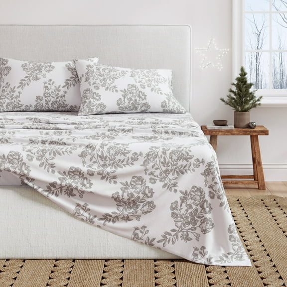 Great Bay Home Winter Floral Flannel Sheet Set - 100% Turkish Cotton - Double Brushed - Twin, Toile - Grey
