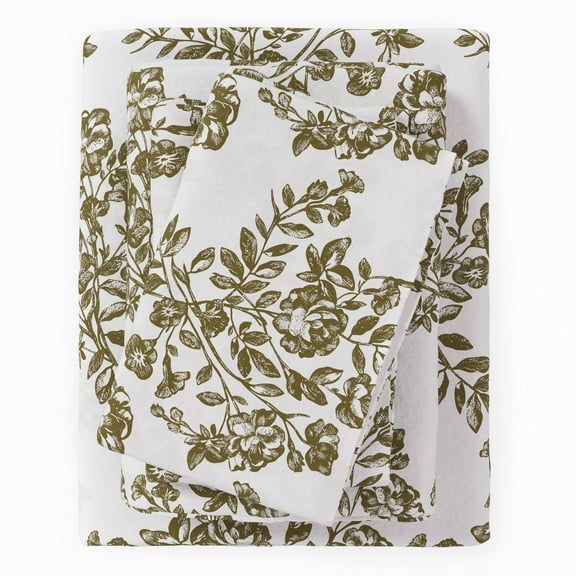 Great Bay Home Winter Floral Flannel Sheet Set - 100% Turkish Cotton - Double Brushed - Twin, Toile - Olive