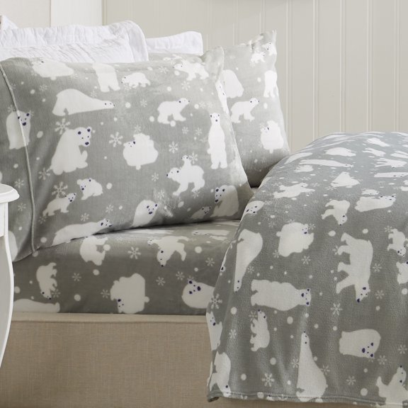 Great Bay Home Printed Velvet Plush Warm and Cozy Fleece Sheet Set (Full, Grey Polar Bears)
