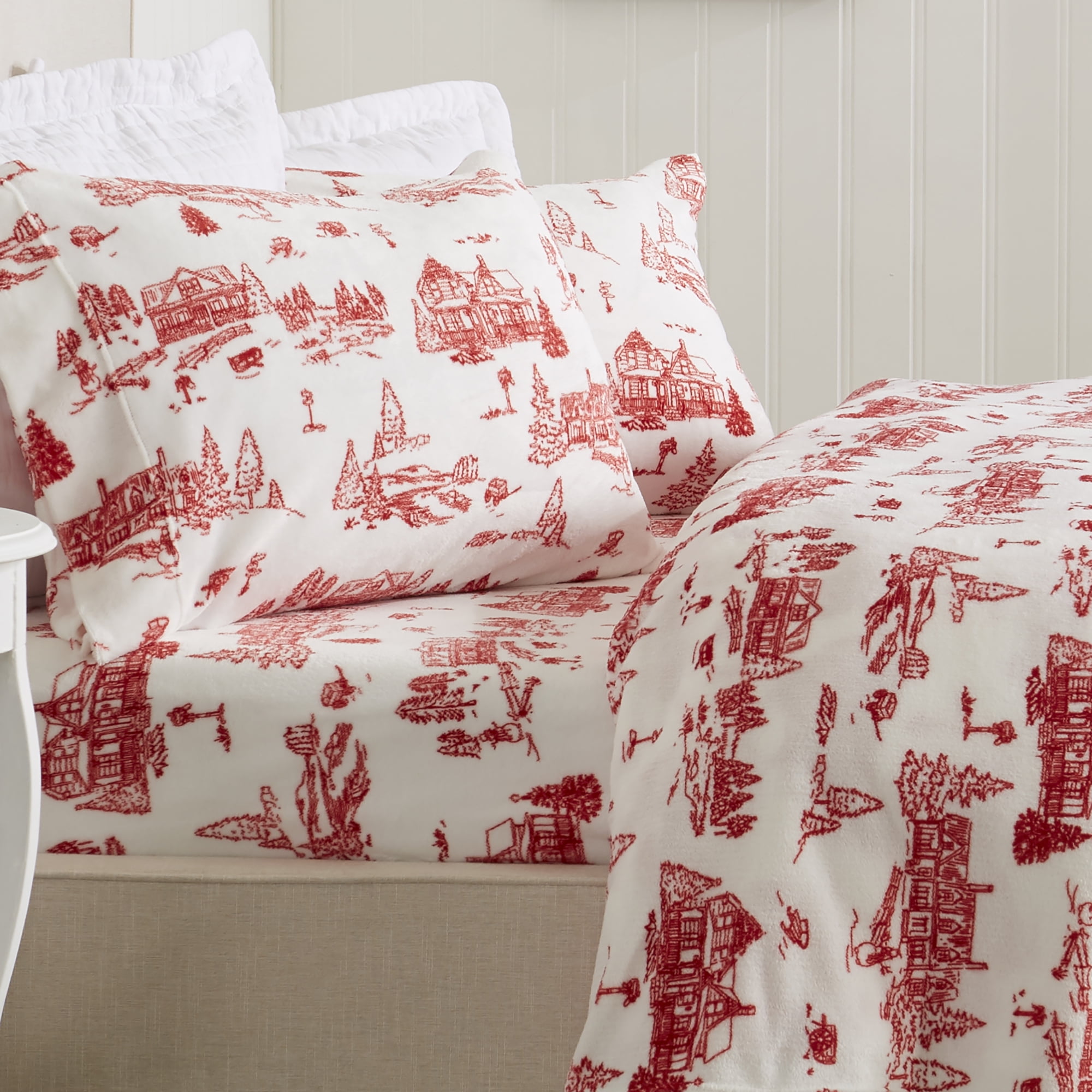Full Red Snowtown Toile Print Velvet Plush Sheet Set