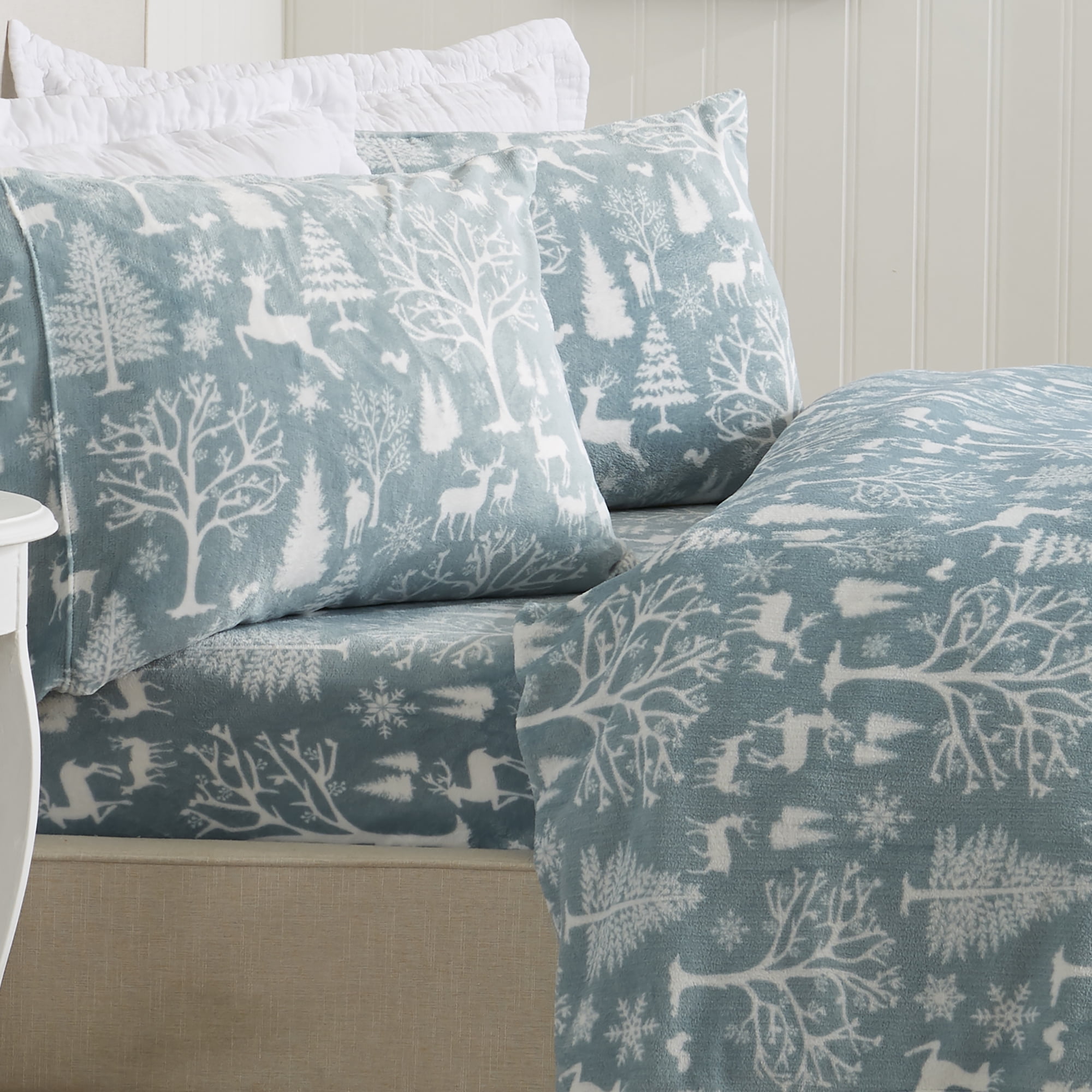 Twin Enchanted Woods Blue Velvet Plush Fleece Sheet Set