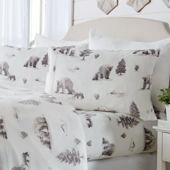 Great Bay Home Printed Velvet Plush 4-Piece Sheet Set (Twin, North Pole Polar Bears)