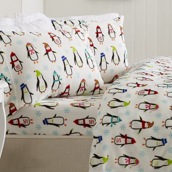 Great Bay Home Printed Velvet Plush Warm and Cozy Fleece Sheet Set (Twin, Penguins)