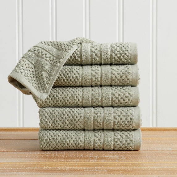Great Bay Home Quick Dry Cotton Checkered Textured 6-Pack Hand Towel Set, Eucalyptus