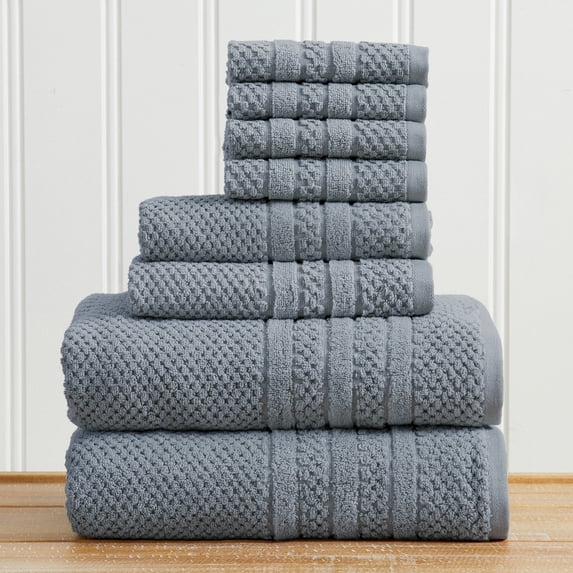 Great Bay Home Quick Dry Cotton Checkered Textured 8 Piece Towel Set, Blue