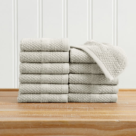 Great Bay Home Quick Dry Cotton Textured 12 Pack Washcloth Set, Light Grey