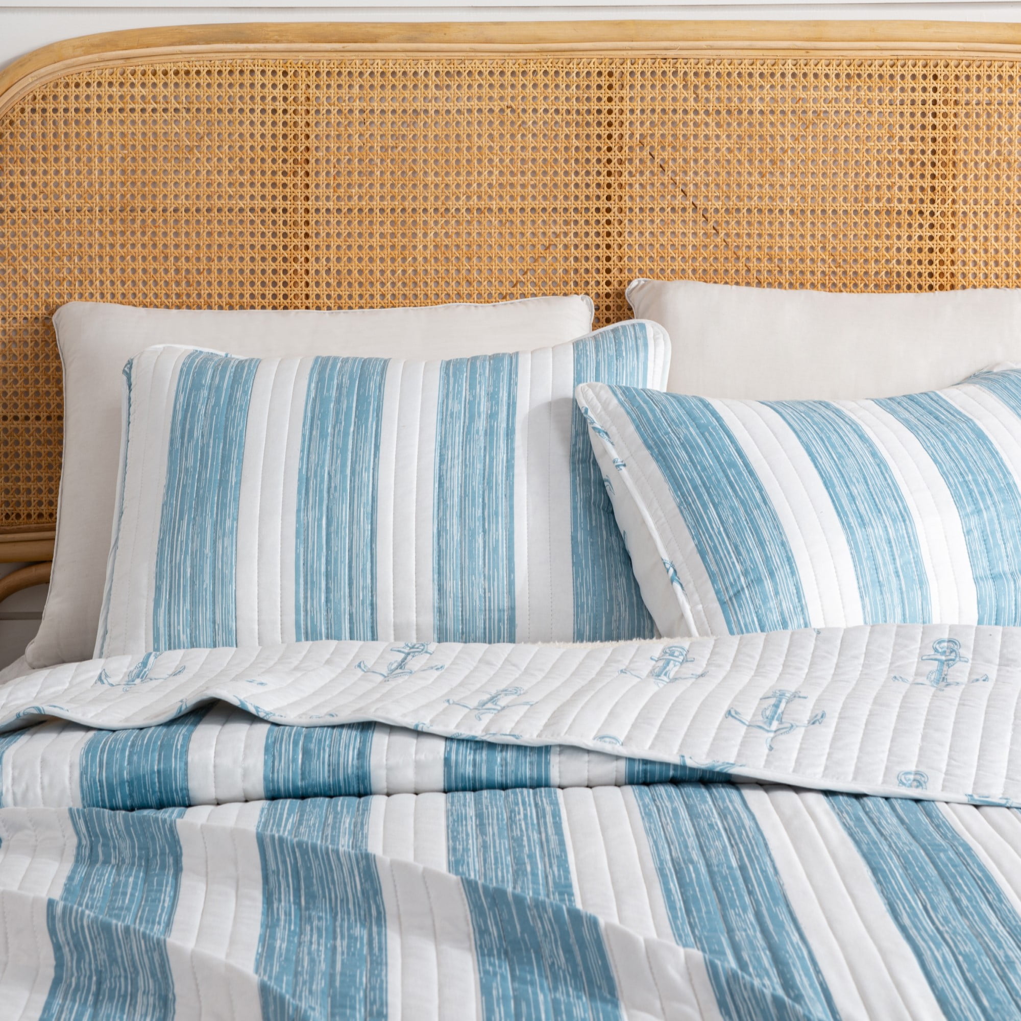 King Blue Microfiber Reversible Coastal Quilt Set