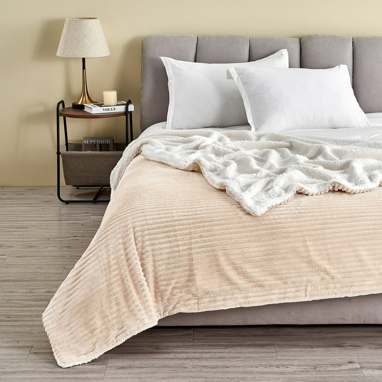 Great Bay Home Ribbed Texture Reversible Sherpa Fluffy and Soft Blanket Full Queen Cappuccino