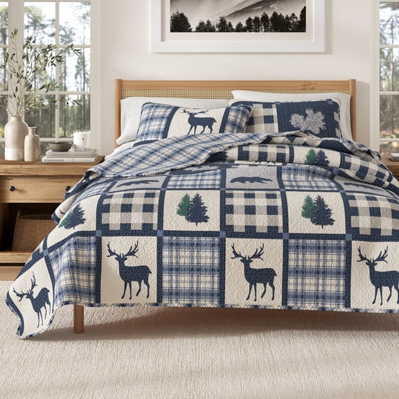 Lodge Quilt Set - Lightweight, Soft, All-Season - 3-Piece Reversible Rustic Bedding Set (Full / Queen, Navy / Grey)