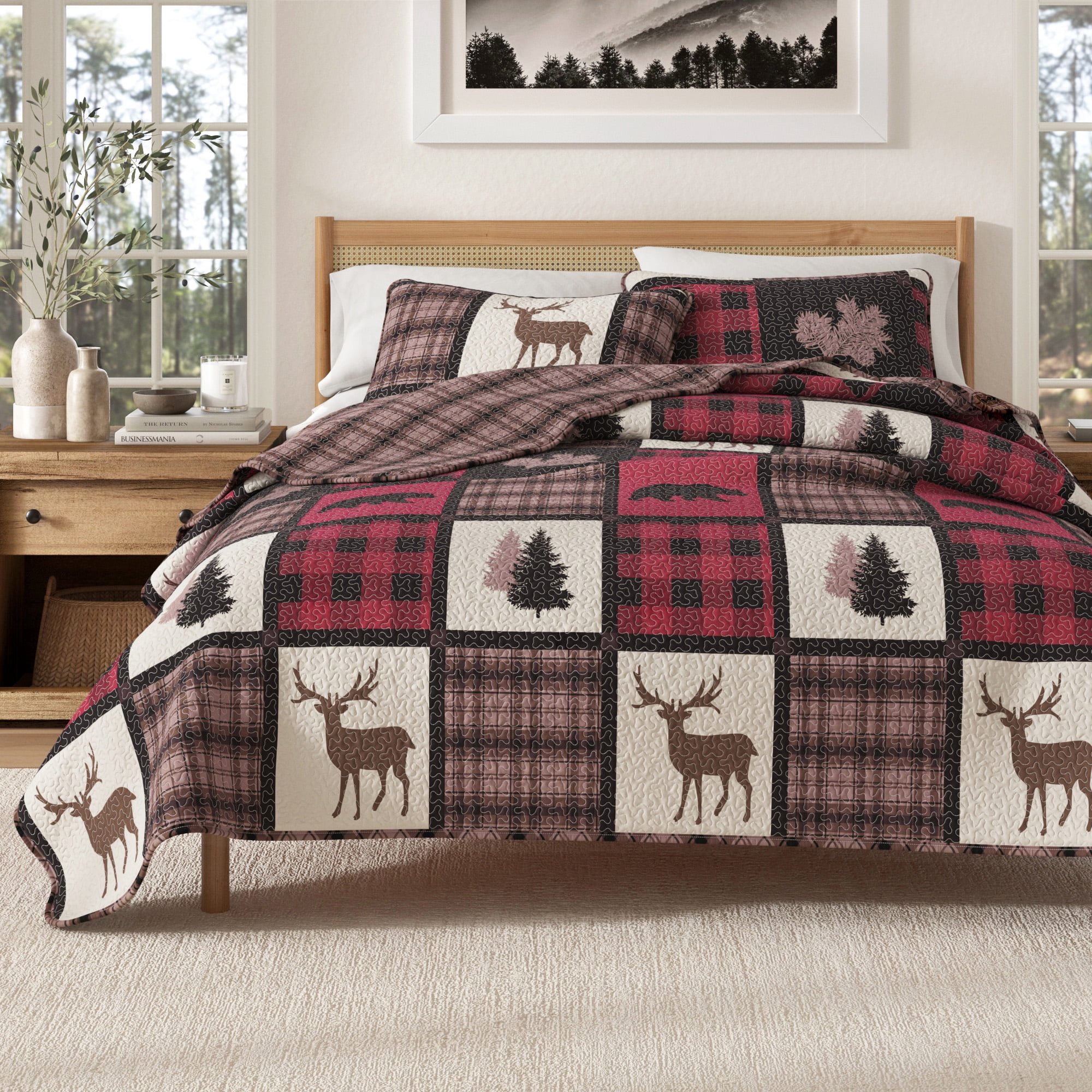 Lodge Quilt Set - Lightweight, Soft, All-Season - 3-Piece Reversible Rustic Bedding Set (Full / Queen, Red / Black)