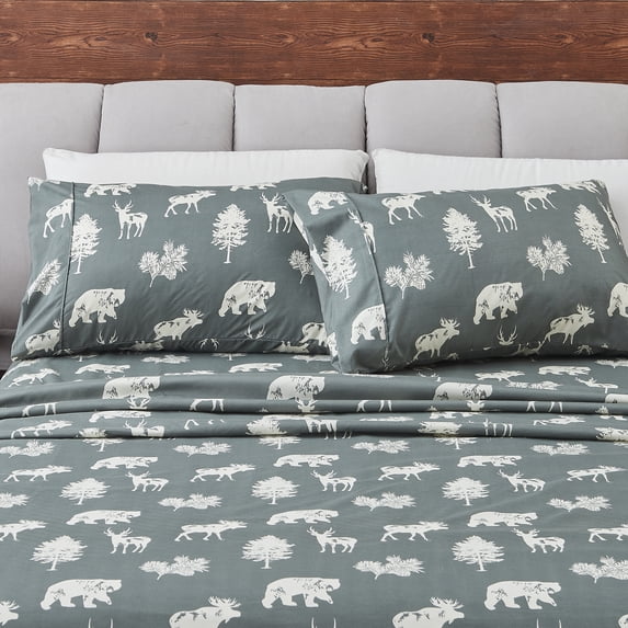Great Bay Home Rustic Inspired Microfiber Sheet Set (Full, Forest Animal - Dark Grey)