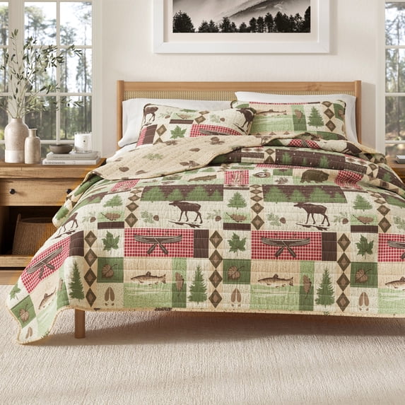 Lodge Quilt Set - Lightweight, Soft, All-Season - 3-Piece Reversible Rustic Bedding Set (Full / Queen, Lodge Patchwork)