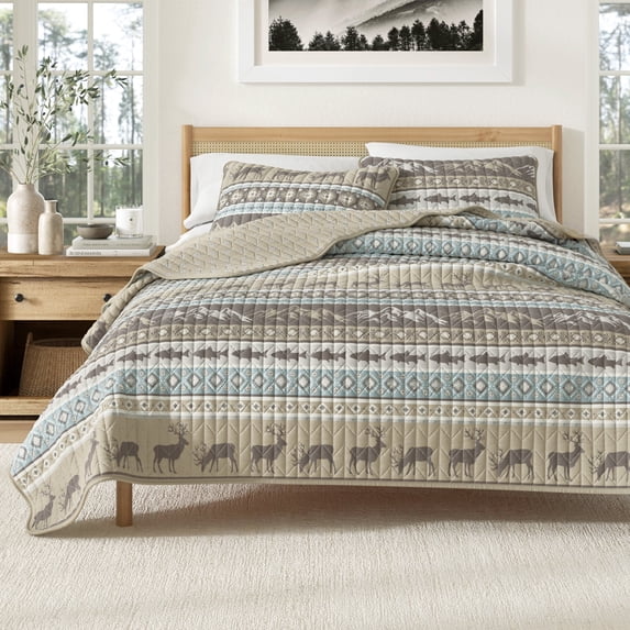 Lodge Quilt Set - Lightweight, Soft, All-Season - 3-Piece Reversible Rustic Bedding Set (Full / Queen, Rustic Lodge Stripes)