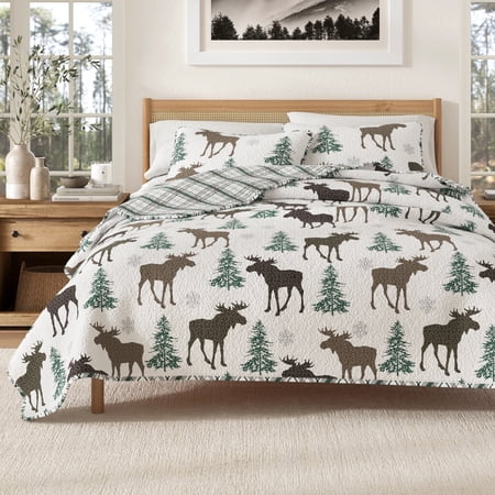 Lodge Quilt Set - Lightweight, Soft, All-Season - 2-Piece Reversible Rustic Bedding Set (Twin / Twin XL, Moose - Chocolate)