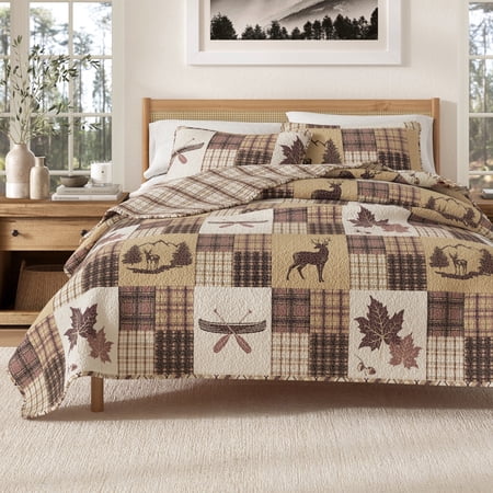 Lodge Quilt Set - Lightweight, Soft, All-Season - 2-Piece Reversible Rustic Bedding Set (Twin / Twin XL, Deer & Leaf Patchwork)