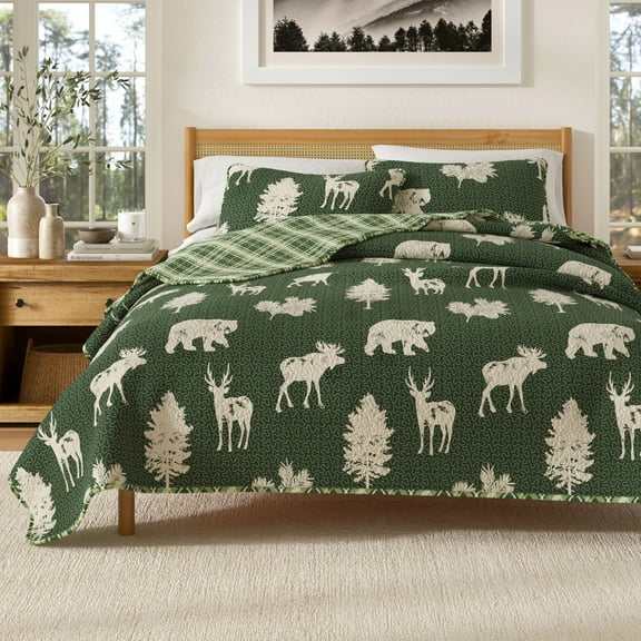 Great Bay Home Rustic Lodge Reversible Reversible Quilt Set With Shams (Twin, Rio Ridge - Forest Green)