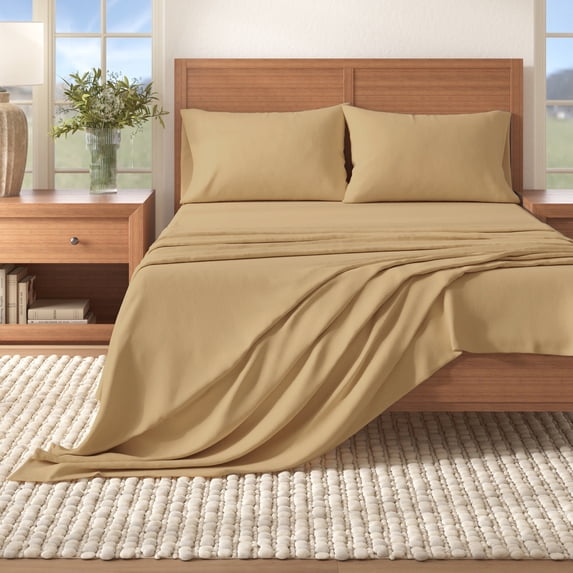 Great Bay Home Solid Flannel Sheet Set - 100% Turkish Cotton - Double Brushed (Queen, Camel)