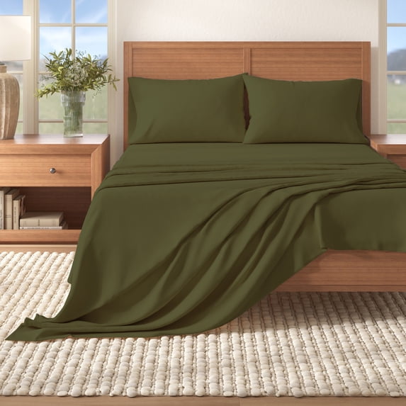 Great Bay Home Solid Flannel Sheet Set - 100% Turkish Cotton - Double Brushed (Queen, Olive)