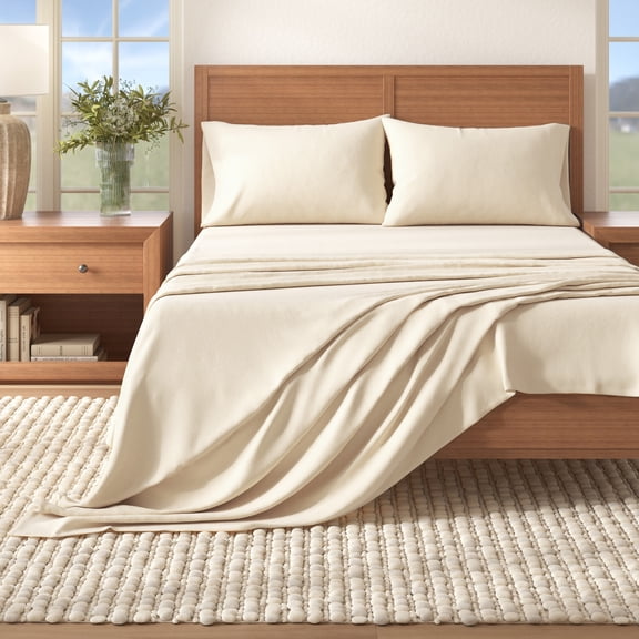 Great Bay Home Solid Flannel Sheet Set - 100% Turkish Cotton - Double Brushed - Queen, Pristine Ivory