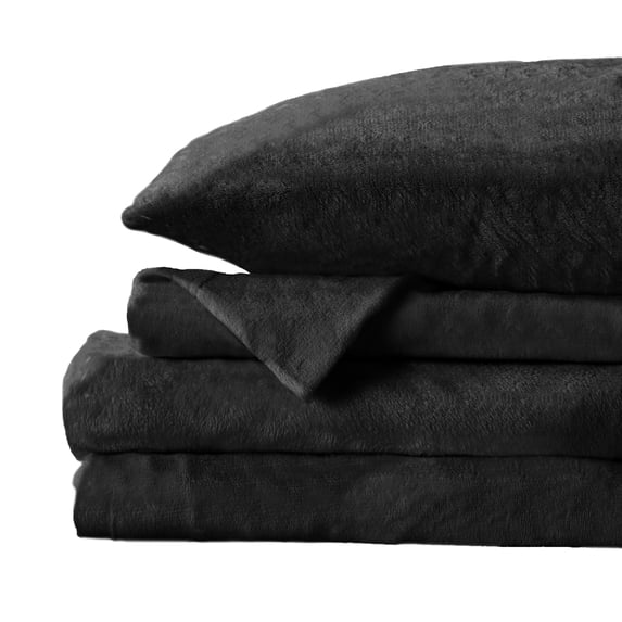 Great Bay Home Solid Velvet Plush Warm and Cozy Fleece Sheet Set (Full, Black)