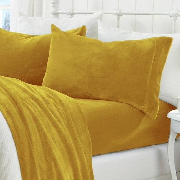Great Bay Home Solid Velvet Plush Warm and Cozy Fleece Sheet Set (Full, Marigold)