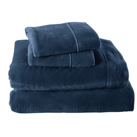 Great Bay Home Solid Velvet Plush Warm and Cozy Fleece Sheet Set  (Twin, Denim Blue)