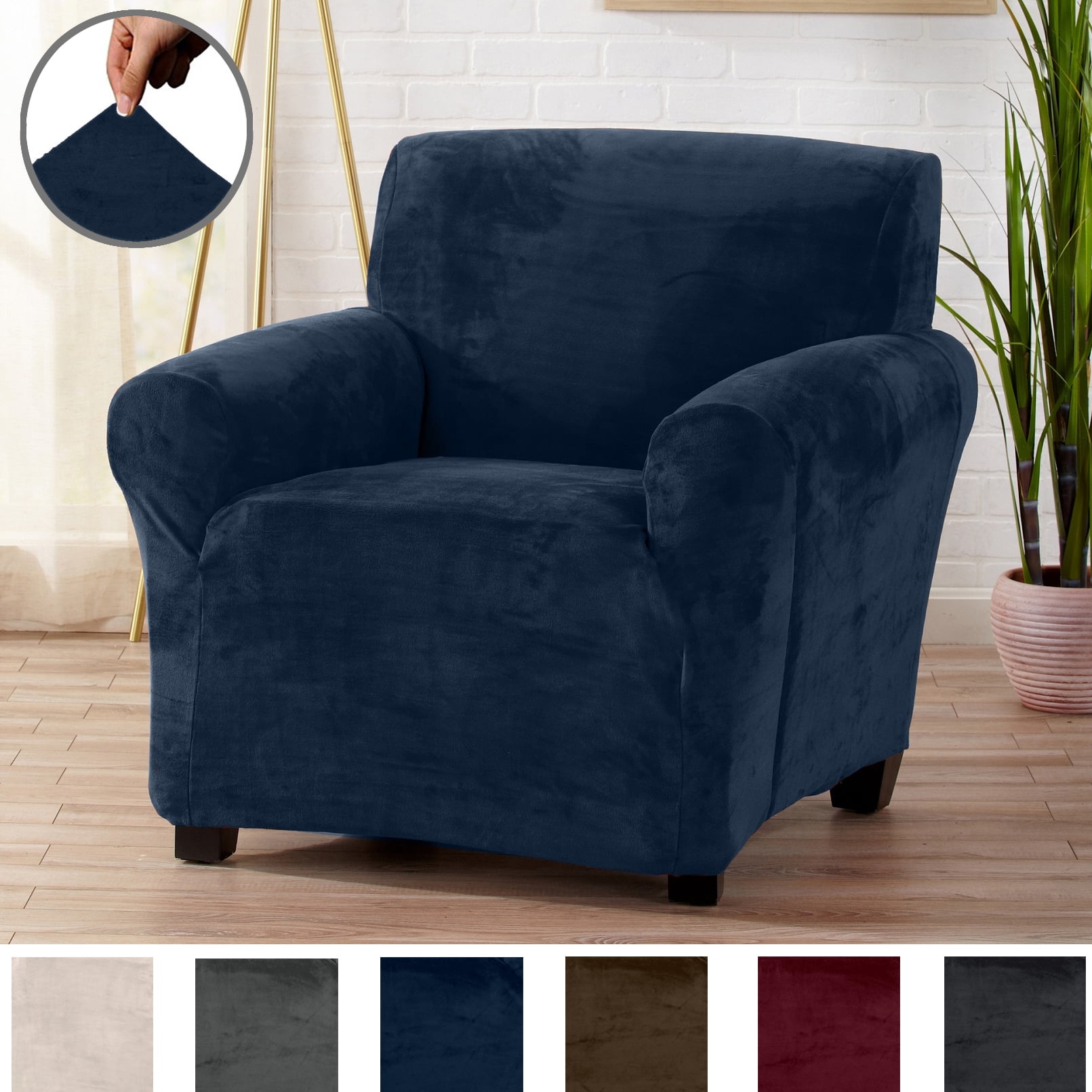 Dark Denim Blue Velvet Plush Stretch Recliner Slipcover