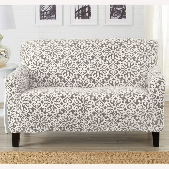 Great Bay Home Stretch Velvet Plush Loveseat Slipcover (Loveseat, Dark Grey – Snowflake)