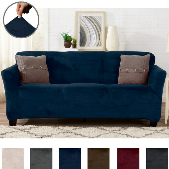 Great Bay Home Stretch Velvet-Plush Washable Sofa Slipcover (Sofa, Dark Denim Blue)