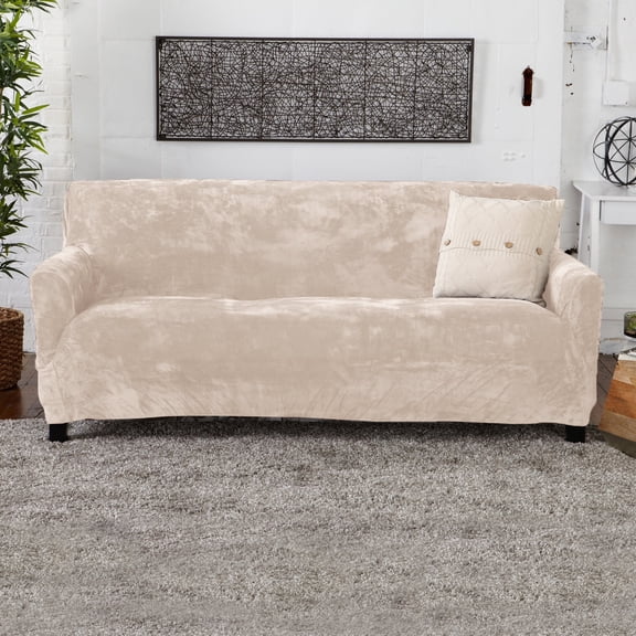 Great Bay Home Stretch Velvet-Plush Washable Sofa Slipcover (Sofa, Sand)
