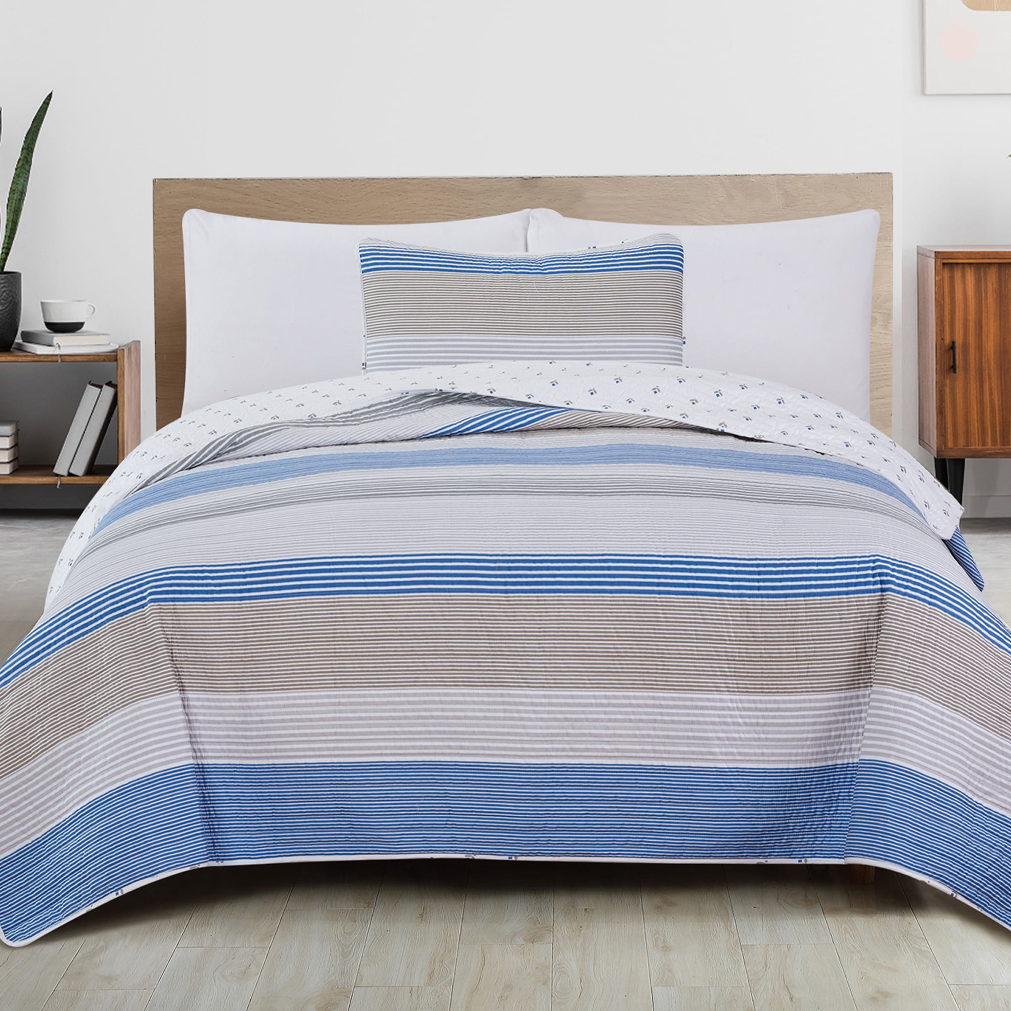 Blue and Taupe Striped Reversible Twin Microfiber Quilt Set