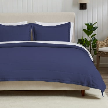 Great Bay Home Textured Spandex Solid Reversible Quilt Set With Shams  (Twin, Navy)
