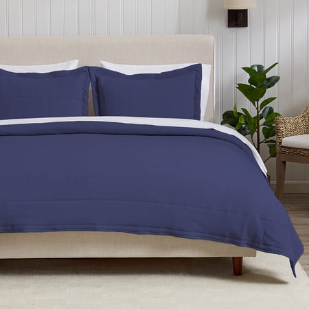 Great Bay Home Textured Spandex Solid Reversible Quilt Set With Shams (Twin, Navy)