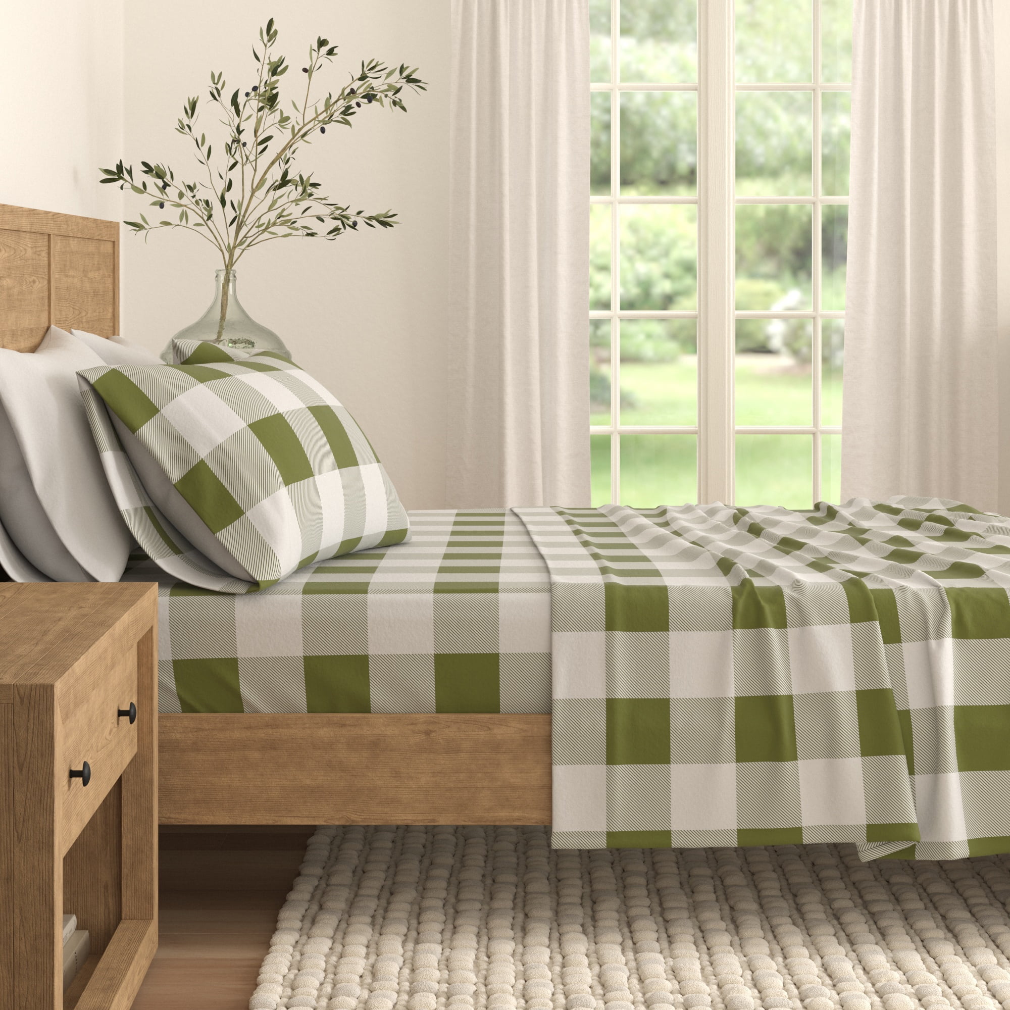 California King Green Buffalo Check Cotton Flannel Sheet Set