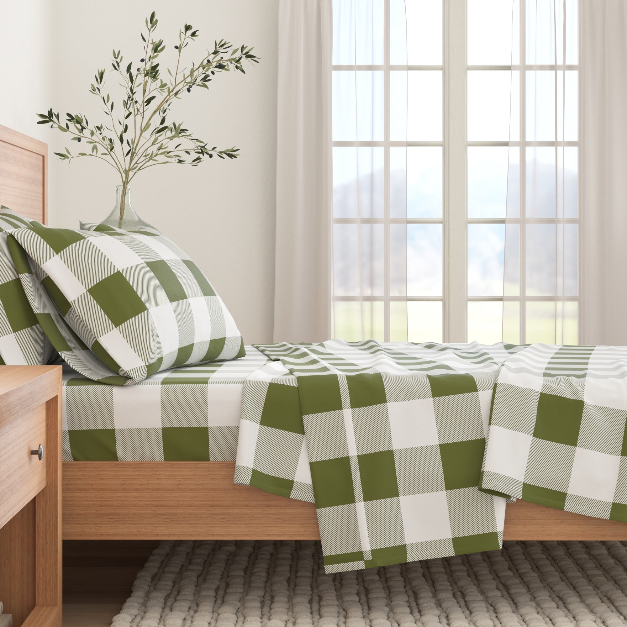 California King Green Buffalo Check Cotton Flannel Sheet Set