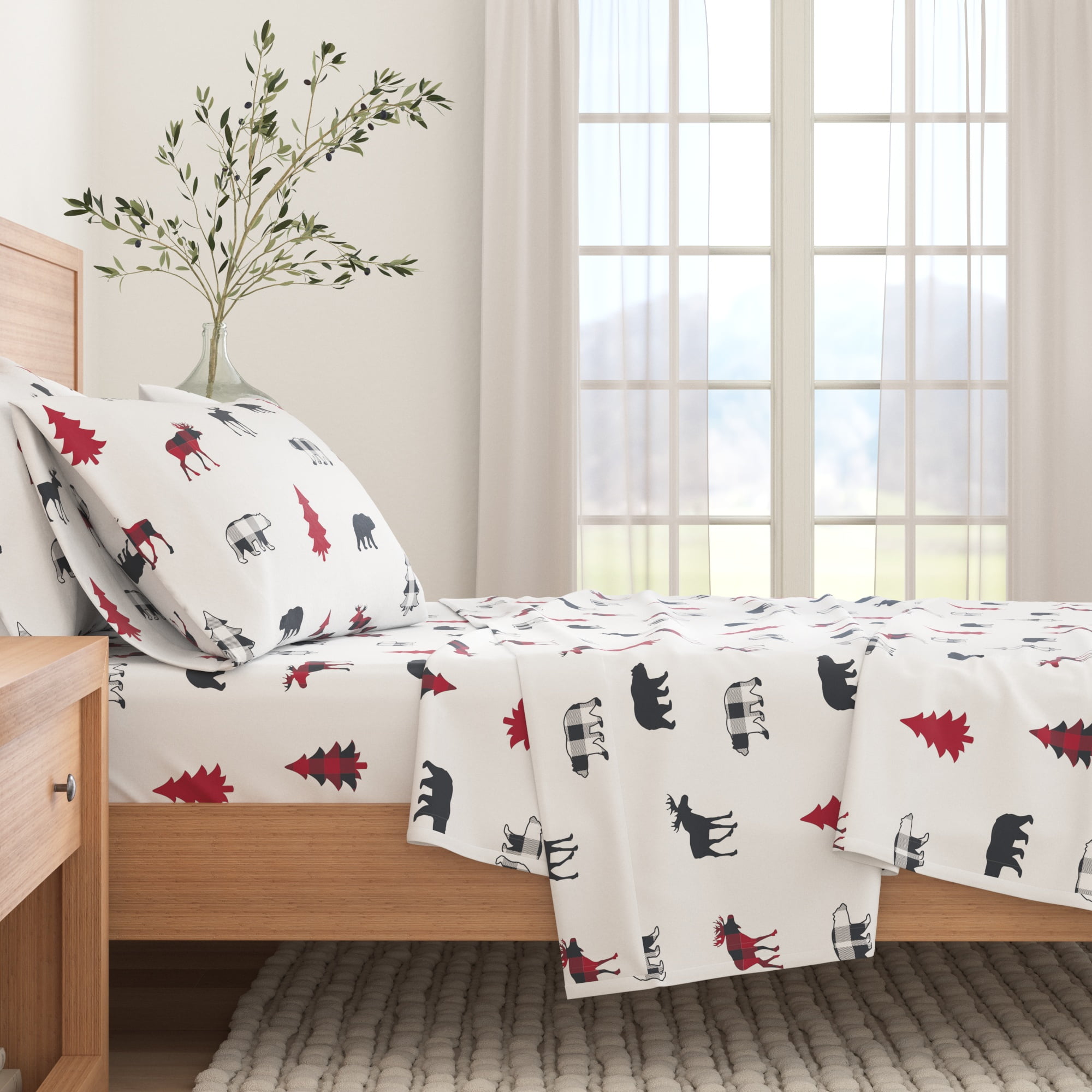 Full Size Gray and Red Cotton Flannel Sheet Set