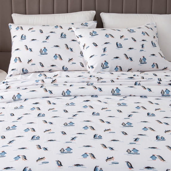 Great Bay Home Turkish Cotton Printed Flannel Sheet Set (Full, Print - Penguins Jumping)