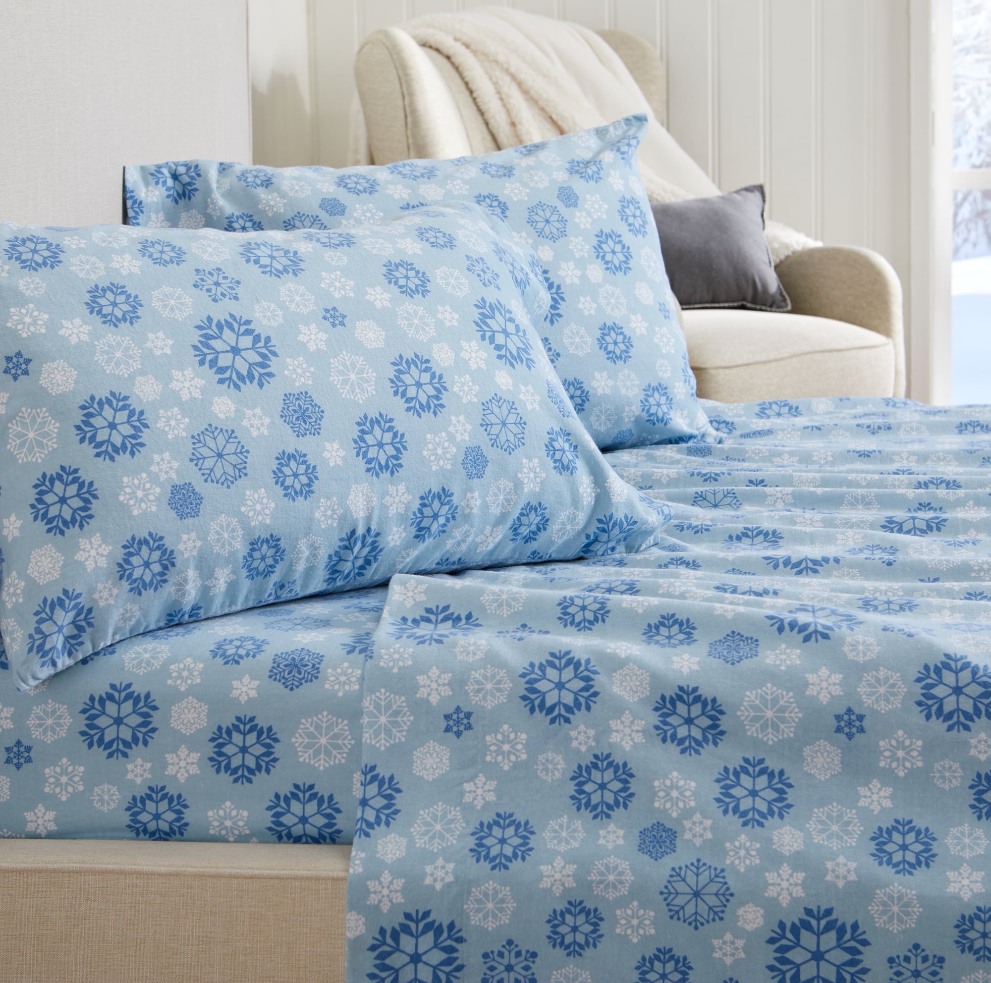 King Blue Snowflake Cotton Flannel Sheet Set