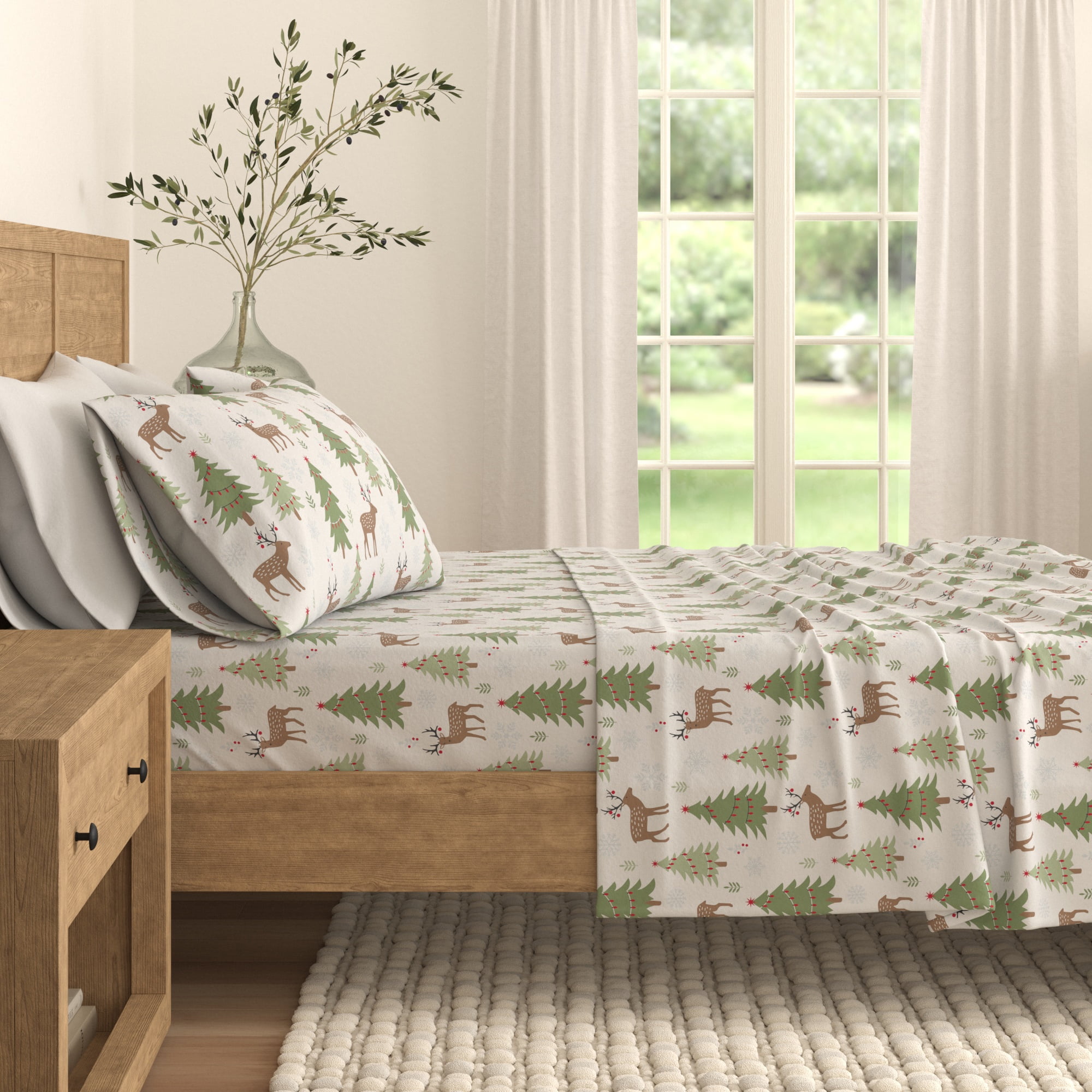 King Gray Deer and Trees Cotton Flannel Sheet Set