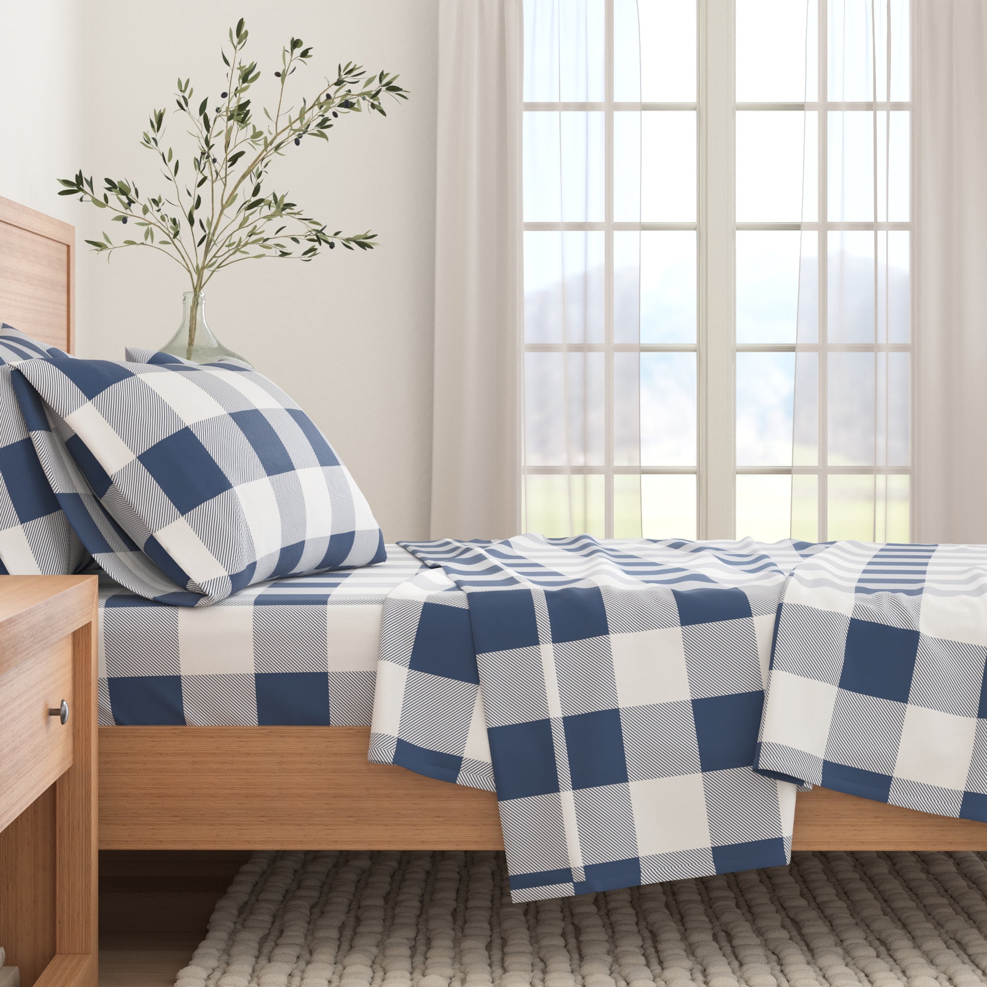 Queen Navy Buffalo Check Cotton Flannel Sheet Set