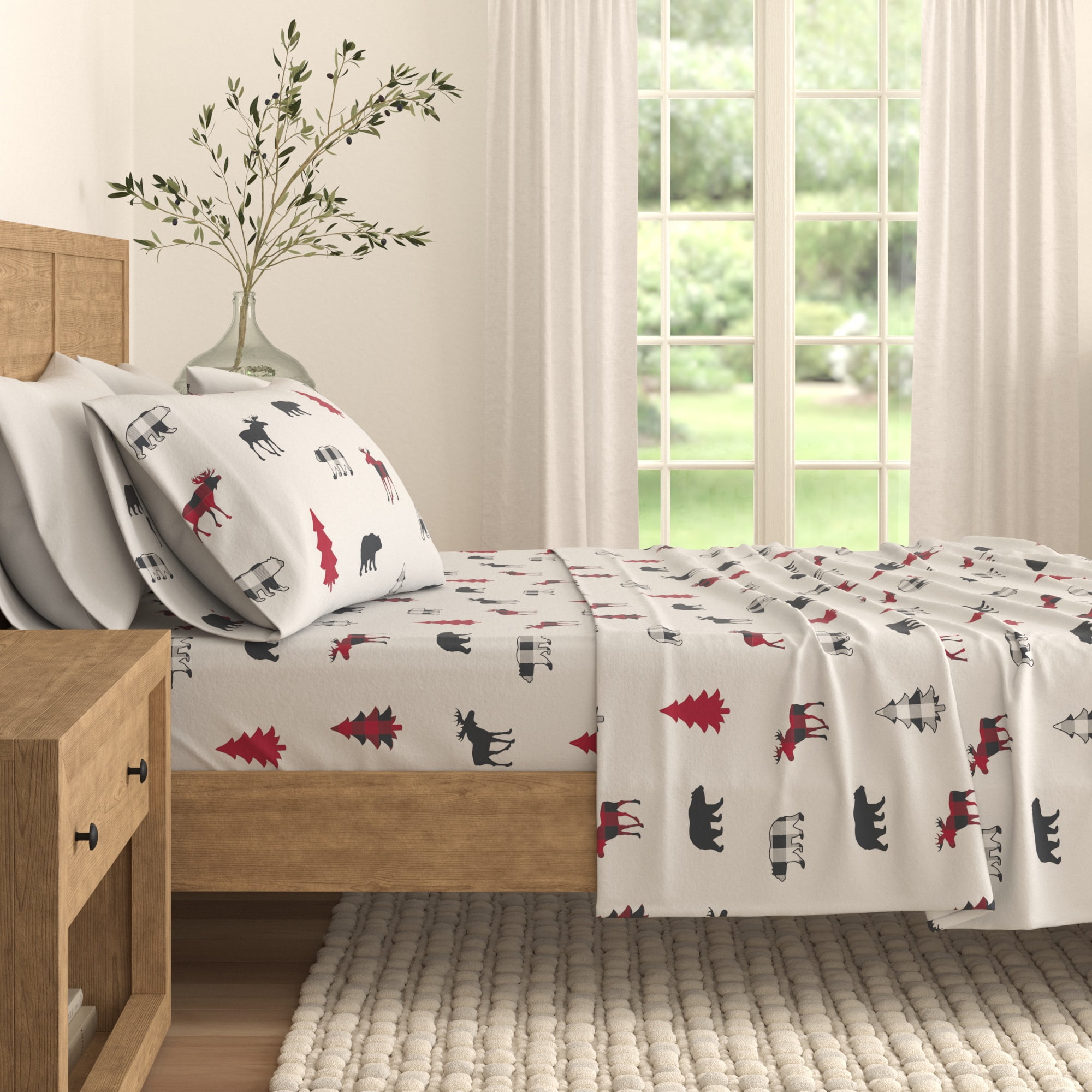 Gray Checkered Moose Cotton Flannel Queen Sheet Set